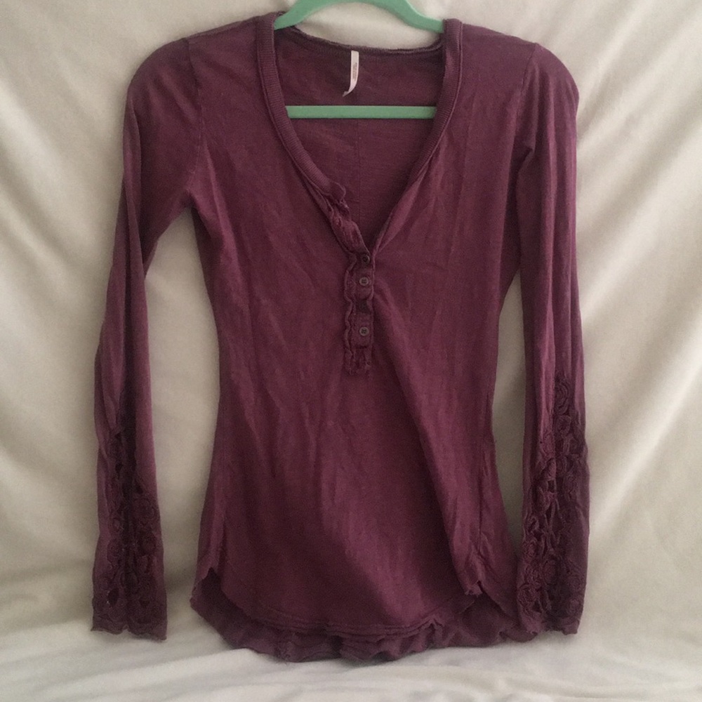 Purple free people long sleeve, crochet detailing